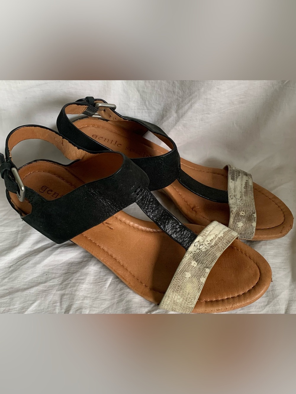 gentle souls Black and Beige Snake-Print T-Strap Sandals